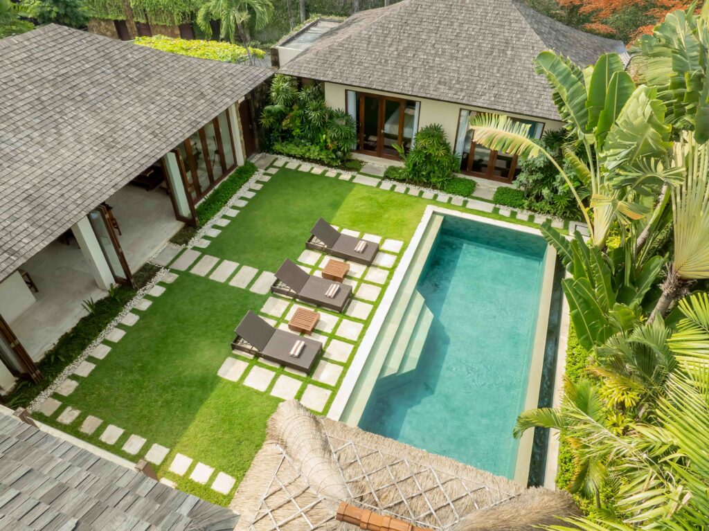 Seminyak beach Bali with luxury villas and sunset view